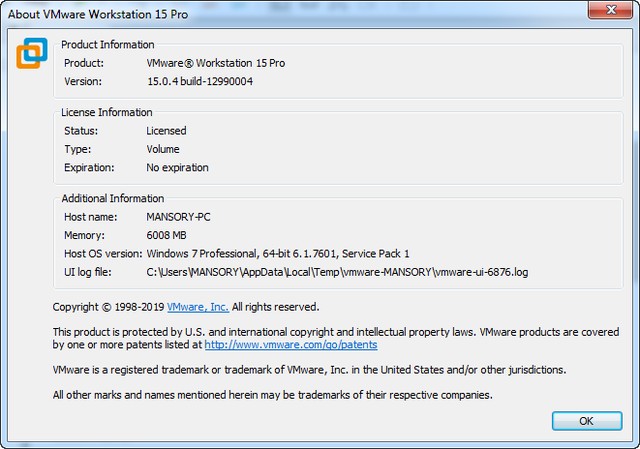 VMware Workstation Pro 15.0.4 Build 12990004